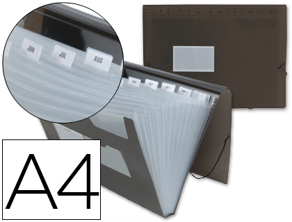 CARPETA LIDERPAPEL CLASIFICADOR FUELLE 32115 POLIPROPILENO DIN A4 NEGRA TRANSPARENTE 13 DEPARTAMENTOS