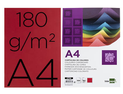 CARTULINA LIDERPAPEL A4 180G/M2 ROJO PAQUETE DE 100