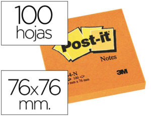 BLOC DE NOTAS ADHESIVAS QUITA Y PON POST-IT 76X76 MM NARANJANEON CON 100 HOJAS