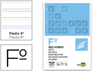 RECAMBIO LIDERPAPEL FOLIO 100 HOJAS 60G/M2PAUTA 4ª 3.5MM CON MARGEN 4 TALADROS