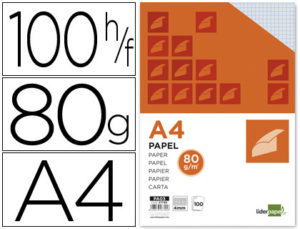 PAPEL LIDERPAPEL A4 80G/M2 PAQUETE DE 100 SIN TALADROS CUADRO 4MM