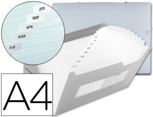CARPETA BEAUTONE CLASIFICADOR FUELLE 42164 POLIPROPILENO DIN A4 TRANSPARENTE -2 HUECOS TARJETAS -13 DEPARTAMENTOS