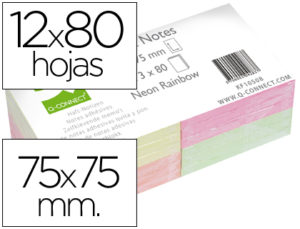 BLOC DE NOTAS ADHESIVAS QUITA Y PON Q-CONNECT 75X75 MM CON 80 HOJAS FLUORESCENTES PACK DE 12 SURTIDAS EN 4 COLORES