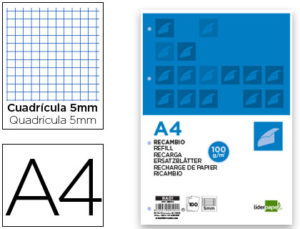RECAMBIO LIDERPAPEL A4 100 HOJAS 100G/M2 CUADRO 5MM CON MARGEN 4 TALADROS