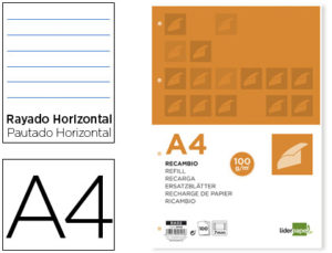 RECAMBIO LIDERPAPEL A4 100 HOJAS 100G/M2 HORIZONTAL CON DDOBLE MARGEN 4 TALADROS