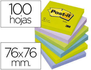 BLOC DE NOTAS ADHESIVAS QUITA Y PON POST-IT 76X76 MM ULTRA INTENSO SURTIDO PACK DE 6 BLOCS