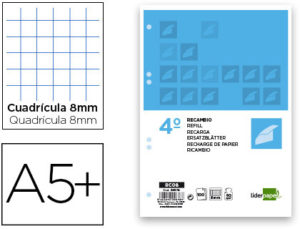 RECAMBIO LIDERPAPEL CUARTO 100 HOJAS 60G/M2 CUADRO 8MM CON MARGEN 6 TALADROS