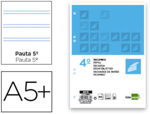 RECAMBIO LIDERPAPEL CUARTO 100 HOJAS 60G/M2 PAUTA 5ª 2.5MM CON MARGEN 6 TALADROS