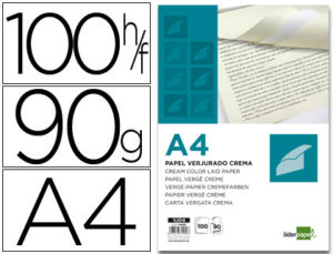 PAPEL VERJURADO LIDERPAPEL A4 90G/M2 CREMA PAQUETE DE 100