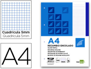 BLOC ENCOLADO LIDERPAPEL CUADRO 5MM AZUL A4 NATURAL 100 HOJAS 70 G/M2