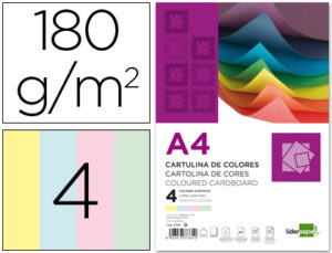 CARTULINA LIDERPAPEL A4 180G/M2 4 COLORES SURTIDOS PAQUETE DE 100
