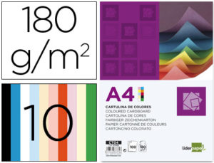 CARTULINA LIDERPAPEL A4 180G/M2 10 COLORES SURTIDOS PAQUETE DE 100