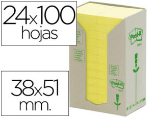 BLOC DE NOTAS ADHESIVAS QUITA Y PON RECICLADAS EN TORRE POST-IT 38 X 51 MM 24 BLOCS 653 RECICLADO