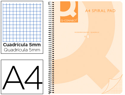 CUADERNO ESPIRAL Q CONNECT A4 MICRO TAPA PLASTICO 80H 70G CUADRO 5MM SIN BANDAS 4 TALADROS NARANJA