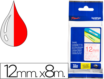 CINTA BROTHER TZE-132 TRANSPARENTE-ROJO 12MM LONGITUD 8 MT
