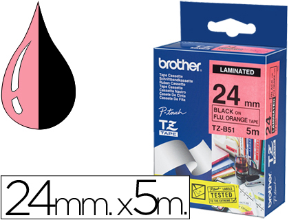 CINTA BROTHER TZEB51 LAMINADA NARANJA/FLUORESCENTE-NEGRO 24 MM X 5MT