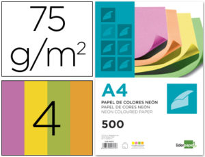PAPEL COLOR LIDERPAPEL A4 75G/M2 NEON 4 COLORES SURTIDOS PAQUETE DE 500