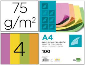 PAPEL COLOR LIDERPAPEL A4 75G/M2 NEON 4 COLORES SURTIDOS PAQUETE DE 100