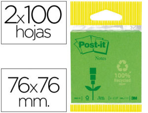 BLOC DE NOTAS ADHESIVAS QUITA Y PON RECICLADAS POST-IT 76X76MM VERDE CLARO Y OSCURO 6822-1G