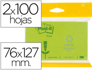 BLOC DE NOTAS ADHESIVAS QUITA Y PON RECICLADAS POST-IT 76X127MM VERDE CLARO Y OSCURO 6832-1G