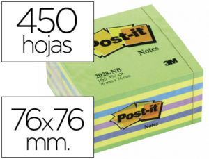 BLOC DE NOTAS ADHESIVAS QUITA Y PON POST-IT 76X76 MM CUBO COLOR AZUL Y VERDE 450 HOJAS