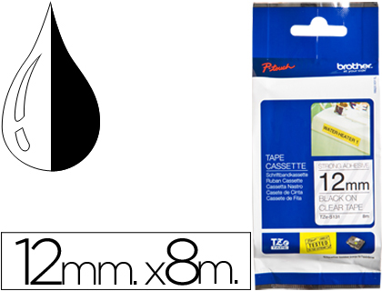 CINTA BROTHER TZE-S131 TRANSPARENTE-NEGRO 12MM LONGITUD 8 MT SUPERADHESIVA