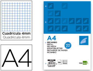RECAMBIO LIDERPAPEL A4 100 HOJAS 100G/M2 CUADRO 4MM CON MARGEN 4 TALADROS