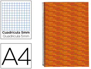 CUADERNO ESPIRAL LIDERPAPEL A4 MICRO MULTILIDER TAPA FORRADA 140H 80G CUADRO 5MM 5 BANDAS 4 TALADROS NARANJA