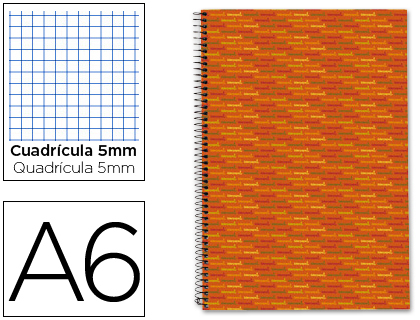 CUADERNO ESPIRAL LIDERPAPEL A6 MICRO MULTILIDER TAPA FORRADA 140H 70G CUADRO 5MM 5 BANDAS NARANJA