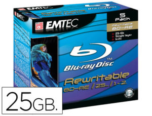 DVD BD-RE EMTEC CAPACIDAD 25GB VELOCIDAD 2X BLUE RAY REGRABABLE CAJA -5 UNIDADES-