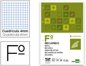 RECAMBIO LIDERPAPEL FOLIO 100 HOJAS 75G/M2 CUADRO 4MM CON MARGEN 4 TALADROS