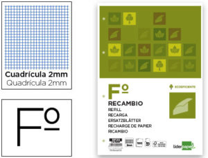 RECAMBIO LIDERPAPEL FOLIO 100 HOJAS 80G/M2 MILIMETRADO SIN MARGEN 16 TALADROS