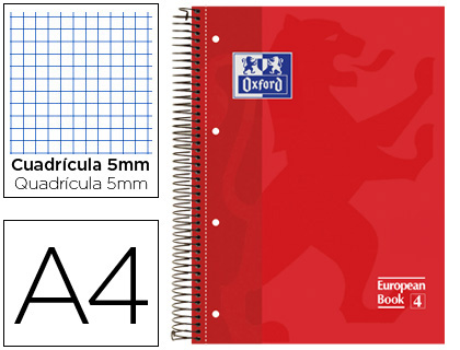 BLOC ESPIRAL OXFORD TAPA EXTRADURA MICROPERFORADO DIN A4 80 HOJAS CUADROS 5MM -COLOR ROJO