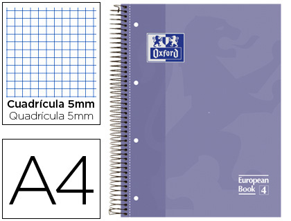 BLOC ESPIRAL OXFORD TAPA EXTRADURA MICROPERFORADO DIN A4 80 HOJAS CUADROS 5MM -COLOR LILA
