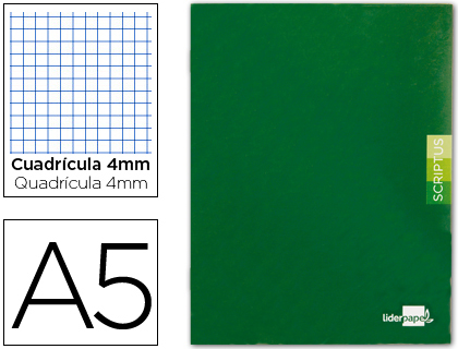 LIBRETA LIDERPAPEL SCRIPTUS A5 48 HOJAS 90G/M2 CUADRO 4MM CON MARGEN COLOR VERDE