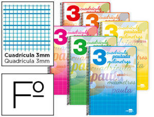 CUADERNO ESPIRAL LIDERPAPEL FOLIO PAUTAGUIA TAPA BLANDA 80H 75 GR CUADRO PAUTADO 3MM CON MARGEN COLORES SURTIDOS