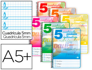 CUADERNO ESPIRAL LIDERPAPEL CUARTO PAUTAGUIA TAPA BLANDA 40H 80 GR CUADRO PAUTADO 5MM COLORES SURTIDOS
