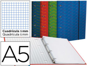 CARPETA CON RECAMBIO LIDERPAPEL A5 CUADRO 5MM FORRADA 4 ANILLAS 20MM
