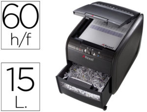 DESTRUCTORA DE DOCUMENTOS REXEL AUTO+ 60X CAPACIDAD DE CORTE 60 H DESTRUYE GRAPAS CLIPS Y TARJETAS PAPELERA 15L