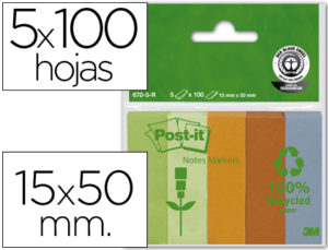 BLOC DE NOTAS ADHESIVAS QUITA Y PON RECICLADAS POST-IT 15X50MM VERDE-NARANJA- MANDARINA-AZUL VERDE CLARO