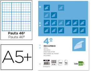 RECAMBIO LIDERPAPEL CUARTO 100 HOJAS 60G/M2 RAYADO Nº 46 6 TALADROS