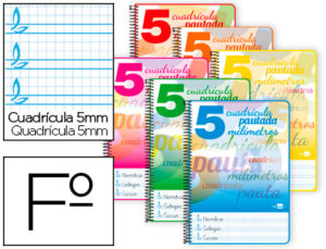 CUADERNO ESPIRAL LIDERPAPEL FOLIO PAUTAGUIA TAPA DURA 80H 80 GR CUADRO PAUTADO 5MMCON MARGEN COLORES SURTIDOS