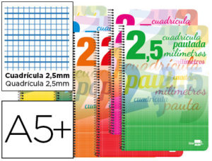 CUADERNO ESPIRAL LIDERPAPEL CUARTO PAUTAGUIA TAPA BLANDA 40H 80 GR CUADRO PAUTADO 2,5MMCON MARGEN COLORES SURTIDOS