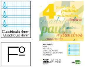 RECAMBIO LIDERPAPEL FOLIO PAUTAGUIA 100 HOJAS 75 G CUADRICULADO PAUTADO 4 MM CON MARGEN 4 TALADROS