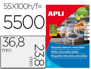 ETIQUETA ADHESIVA APLI 36,8X23,8 MM FOTOCOPIADORA LASER INKJET CAJA 100 HOJAS DIN A4 CON 5500 ETIQUETAS