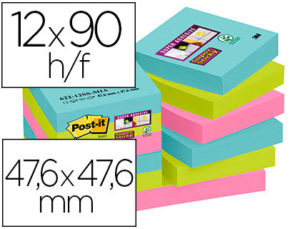 BLOC DE NOTAS ADHESIVAS QUITA Y PON POST-IT SUPER STICKY 47,6X47,6 MM CON 90 HOJAS PACK DE 12 UNIDADES COLORES