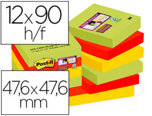 BLOC DE NOTAS ADHESIVAS QUITA Y PON POST-IT SUPER STICKY 47,6X47,6 MM CON 90 HOJAS PACK DE 12 UNIDADES COLORES