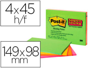 BLOC DE NOTAS ADHESIVAS QUITA Y PON POST-IT SUPER STICKY 149X98 MM CON 45 HOJAS PACK DE 4 UNIDADES COLORES NEON