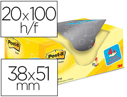 BLOC DE NOTAS ADHESIVAS QUITA Y PON POST-IT SUPER STICKY AMARILLO CANARIO 38X51 MM PACK PROMOCIONAL 20+4 GRATIS