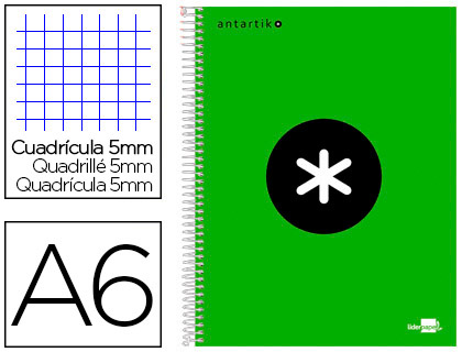 CUADERNO ESPIRAL LIDERPAPEL A6 MICRO ANTARTIK TAPA FORRADA 100H 100 GR CUADRO 5 MM 4 BANDAS COLOR VERDE
